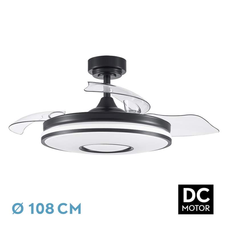 Ventilador de techo led 72W Dc Dani Negro con 3 Aspas Desplegables transparentes