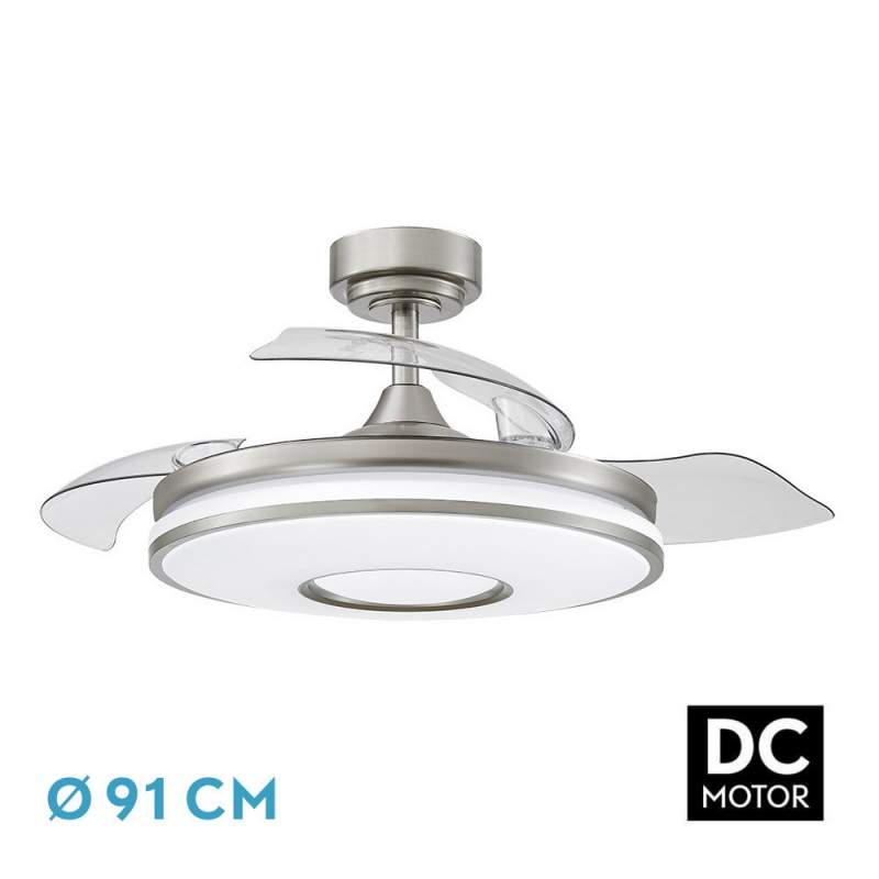 Ventilador de techo led 48W Dc Dani Niquel con 3 Aspas Desplegables transparentes