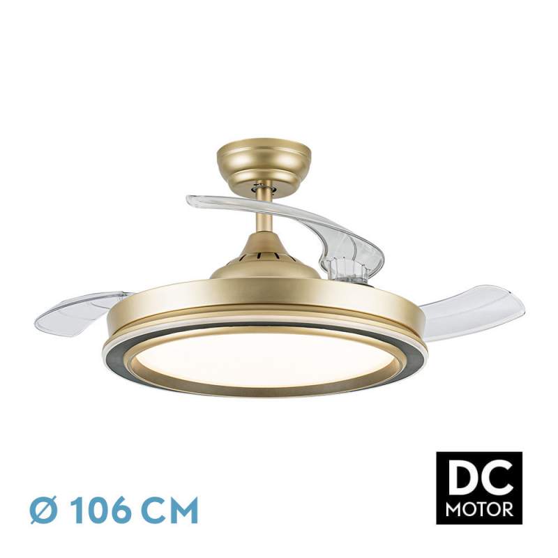 Ventilador de techo led Dc Picolo Oro Negro 72w con 3 Aspas desplegables transparentes