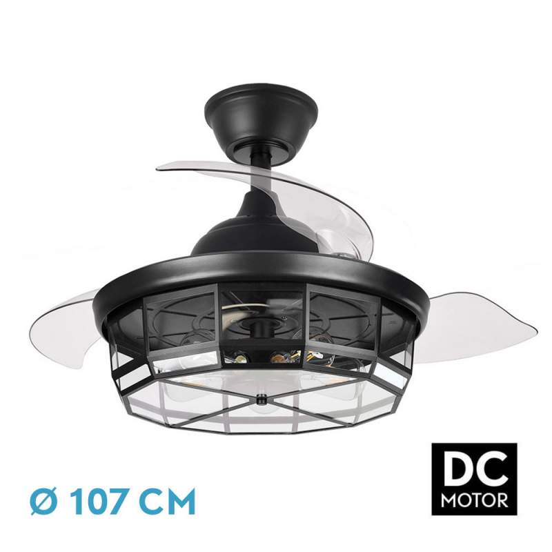 Ventilador de techo led Dc Tornado Negro 107D con 5 casquillos E27 y 3 Aspas desplegables transparentes