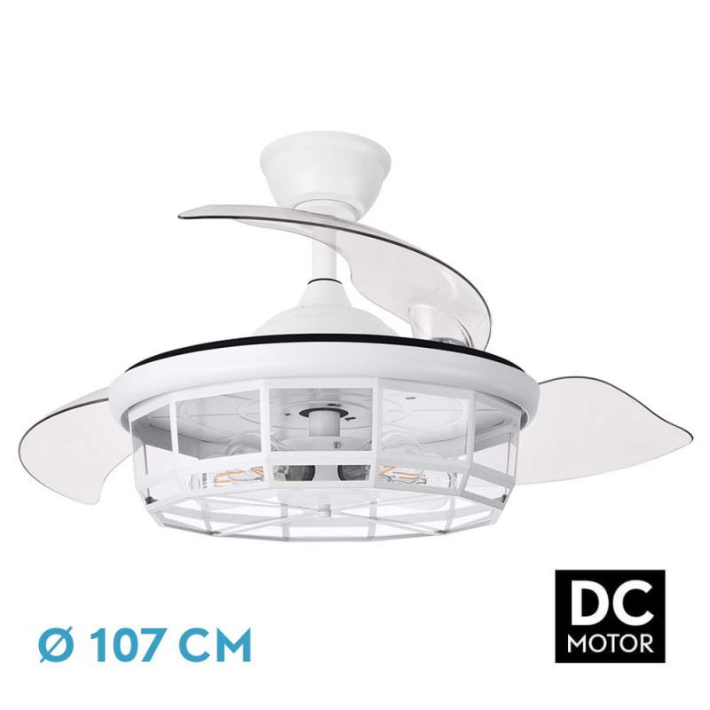 Ventilador de techo led Dc Tornado Blanco 107D con 5 casquillos E27 y 3 Aspas desplegables transparentes