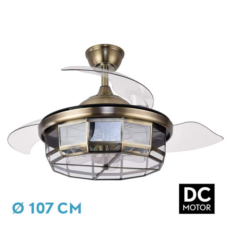 Ventilador de techo led Dc Tornado Cuero 107D con 5 casquillos E27 y 3 Aspas desplegables transparentes