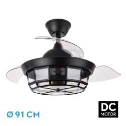 Ventilador de techo led Dc Tornado Negro 91D con 3 casquillos E27 y 3 Aspas desplegables transparentes