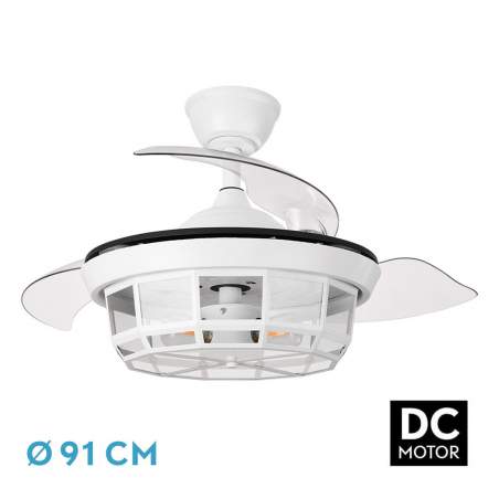 Ventilador de techo led Dc Tornado Blanco 91D con 3 casquillos E27 y 3 Aspas desplegables transparentes