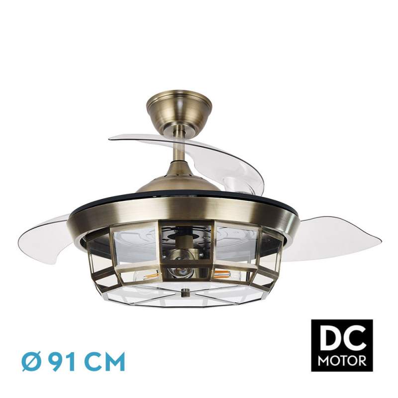 Ventilador de techo led Dc Tornado Cuero 91D con 3 casquillos E27 y 3 Aspas desplegables transparentes