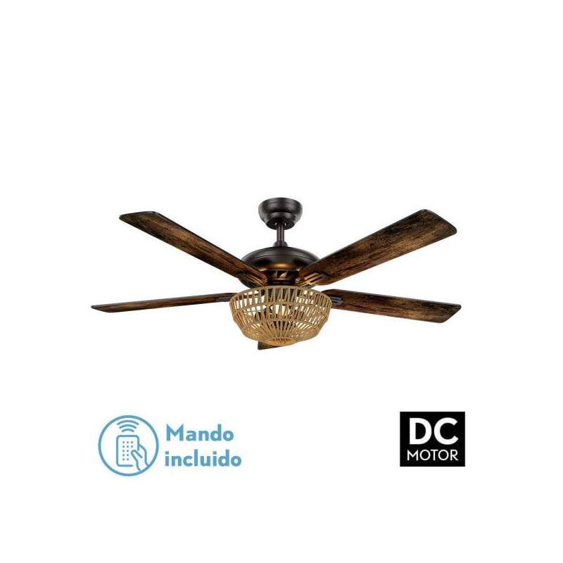 Ventilador de techo Dc Cesta Negro con 3 casquillos E27 y con 5 Aspas reversibles Nogal/roble - 1